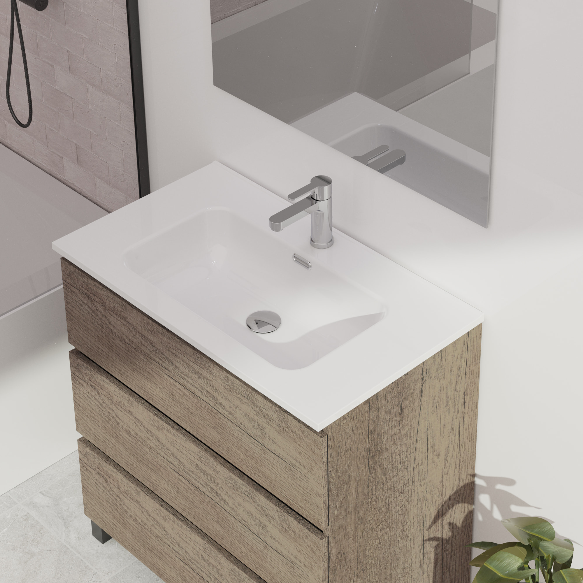 Conjunto de baño Wink | 90 cm Nebraska | Tres cajones | Lavabo encastrado | No incluye espejo | Mueble montado | Alday