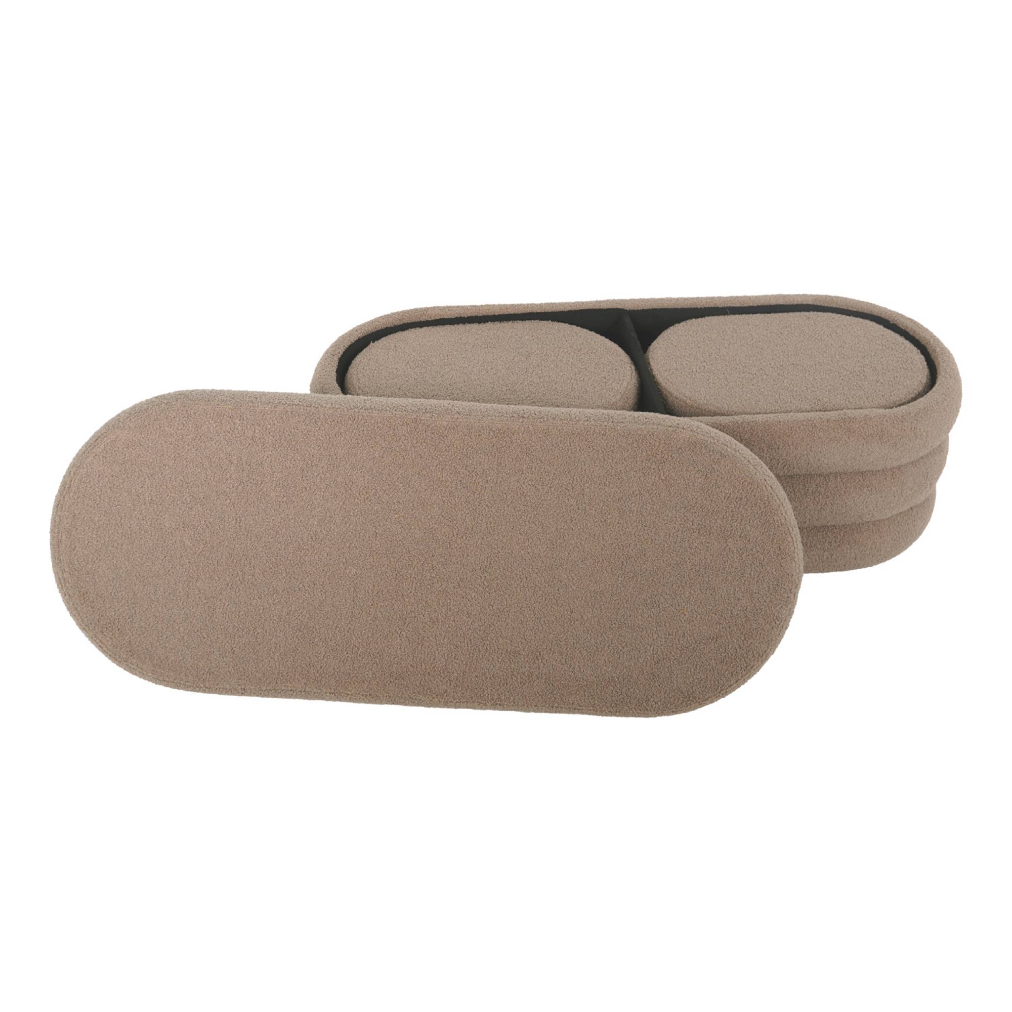 Banc coffre en bouclettes taupe avec 2 poufs ovales de rangement intégrés - L111cm