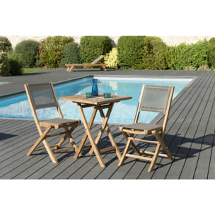 HARRIS - SALON DE JARDIN EN BOIS TECK 2 pers - 1 Table carrée pliante 60 cm et 2 chaises textilène couleur taupe