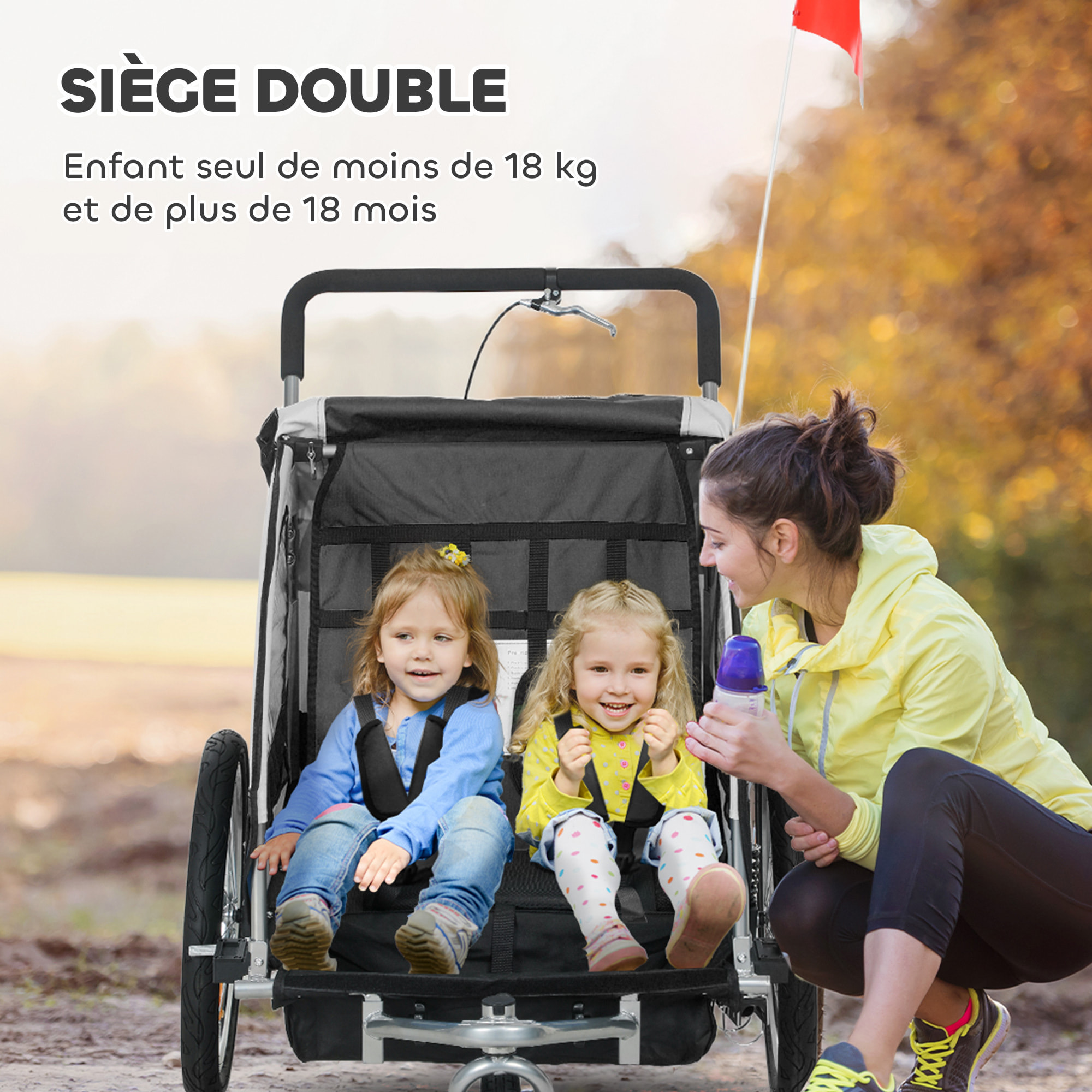 Remorque vélo jogger 2 en 1 enfant drapeau roue avant pivotante réflecteurs barre d'attelage inclus noir blanc