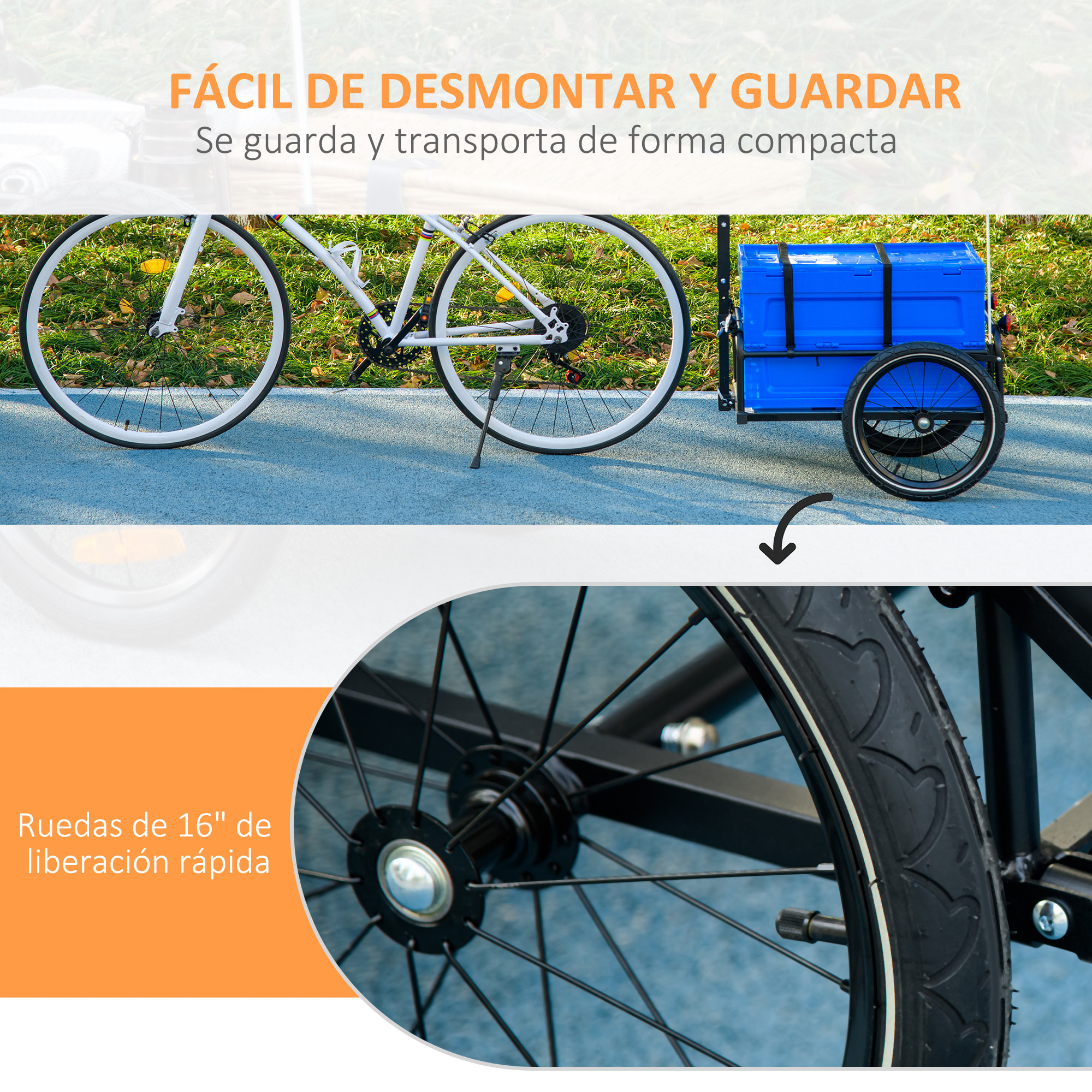 Remolque para Bicicleta de Carga Carro para Bicicleta con Caja de Almacenamiento Plegable Mango Ajustable y Reflectores Seguros Carga 40 kg Capacidad 65 L Azul