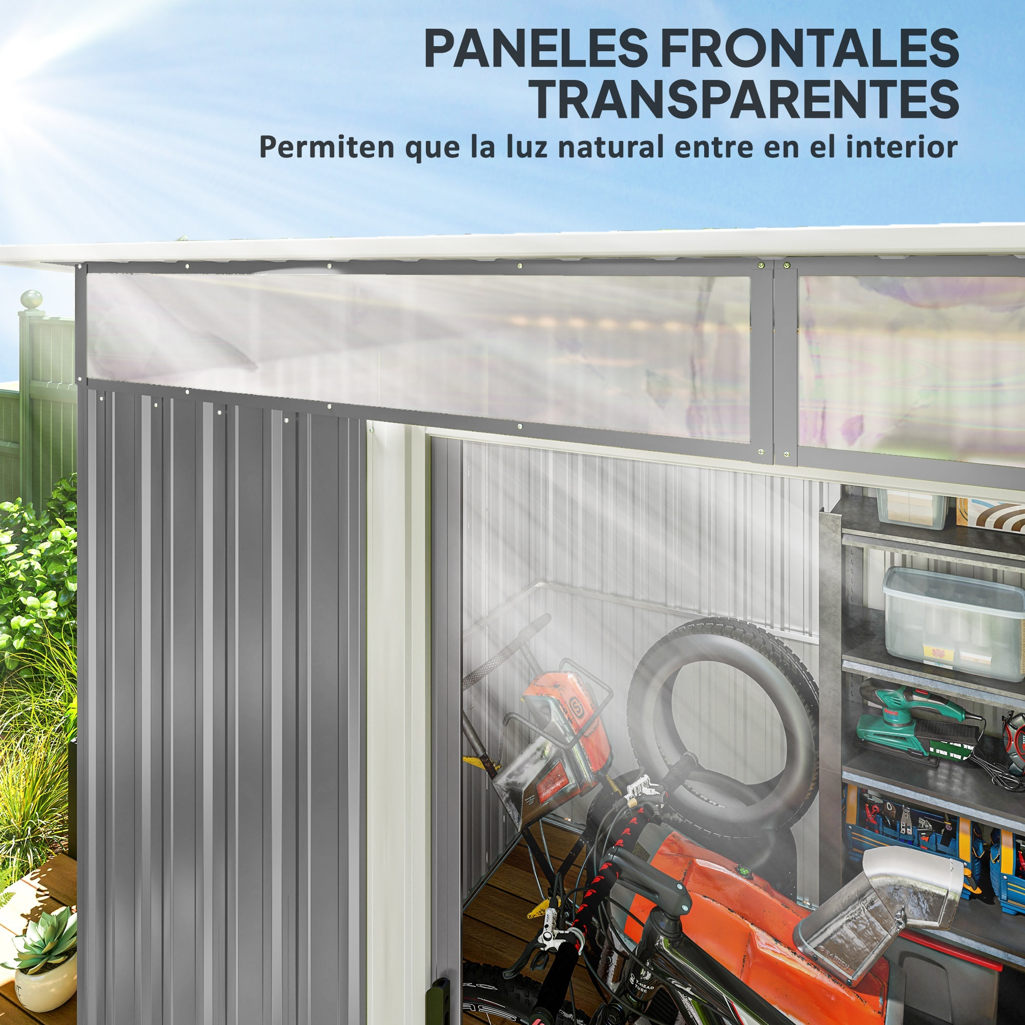 Cobertizo de Jardín Exterior 4,5 m² 260x194x200 cm Caseta de Jardín Exterior Metálica con Paneles Frontales Transparentes y 2 Puertas Corredizas para Almacenamiento de Herramientas Gris