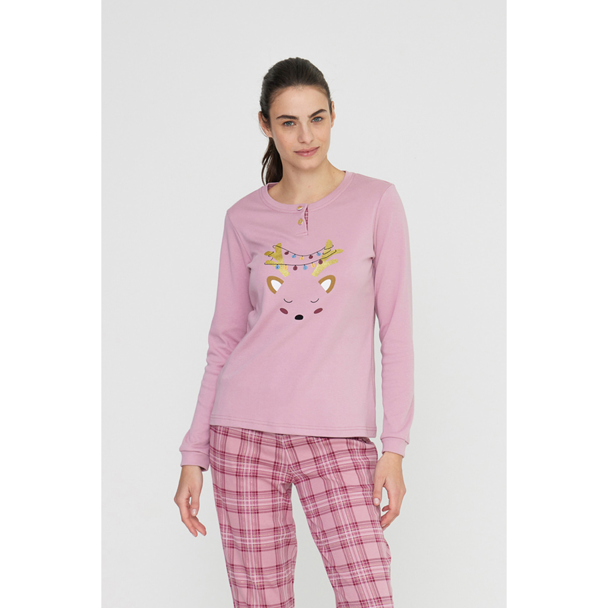 Pigiama donna reindeer in caldo cotone con collo due bottoni Noidinotte