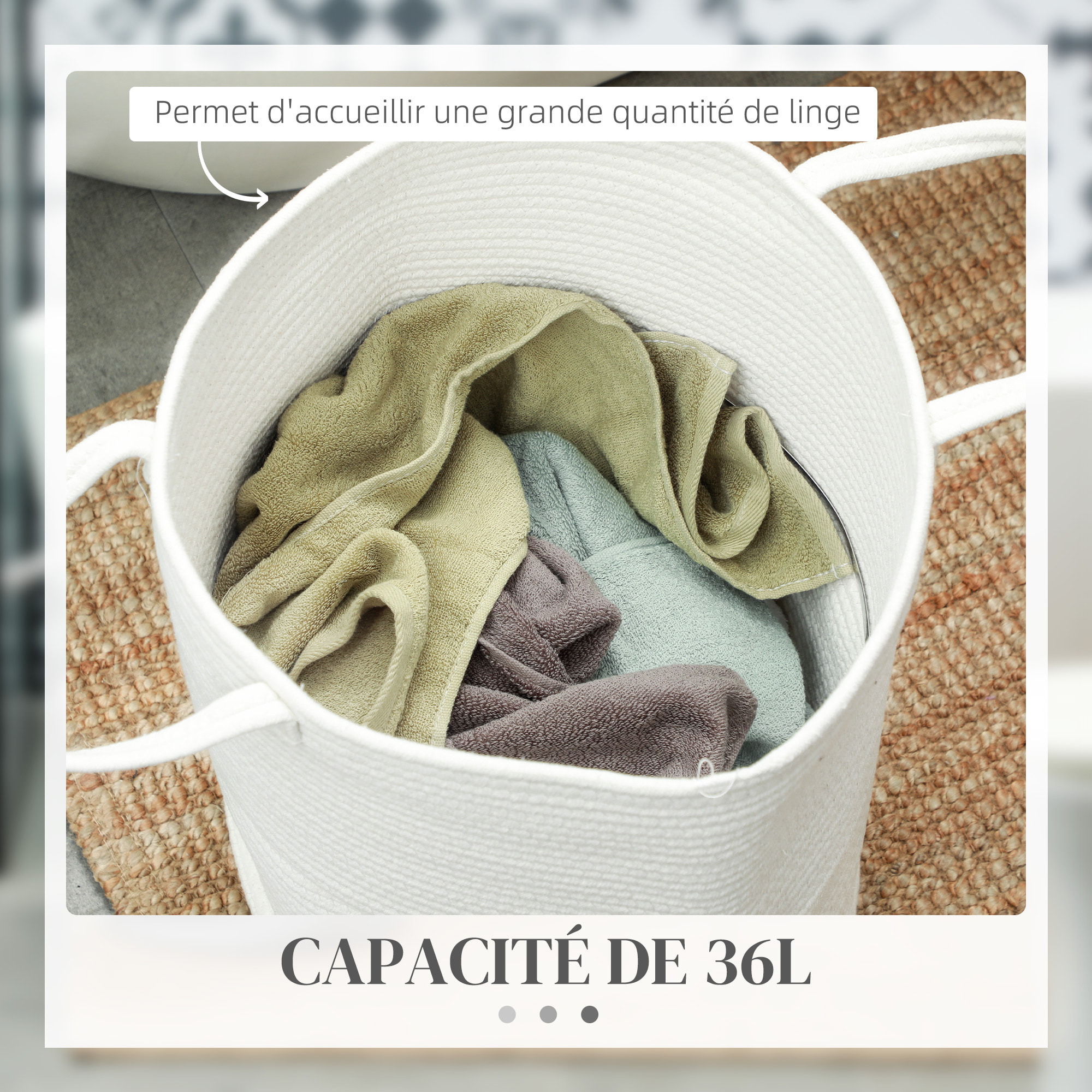 Panier à linge 36L corbeille à linge pliable portable en coton 2 poignées blanc crème