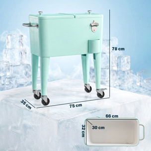 Carro de Bebidas Refrigerado 56L con Ruedas, Carro Nevera con Abrebotellas, Recogetapas y Asa, para Patio, Fiesta, Terraza, 75x35x78 cm, Verde Claro