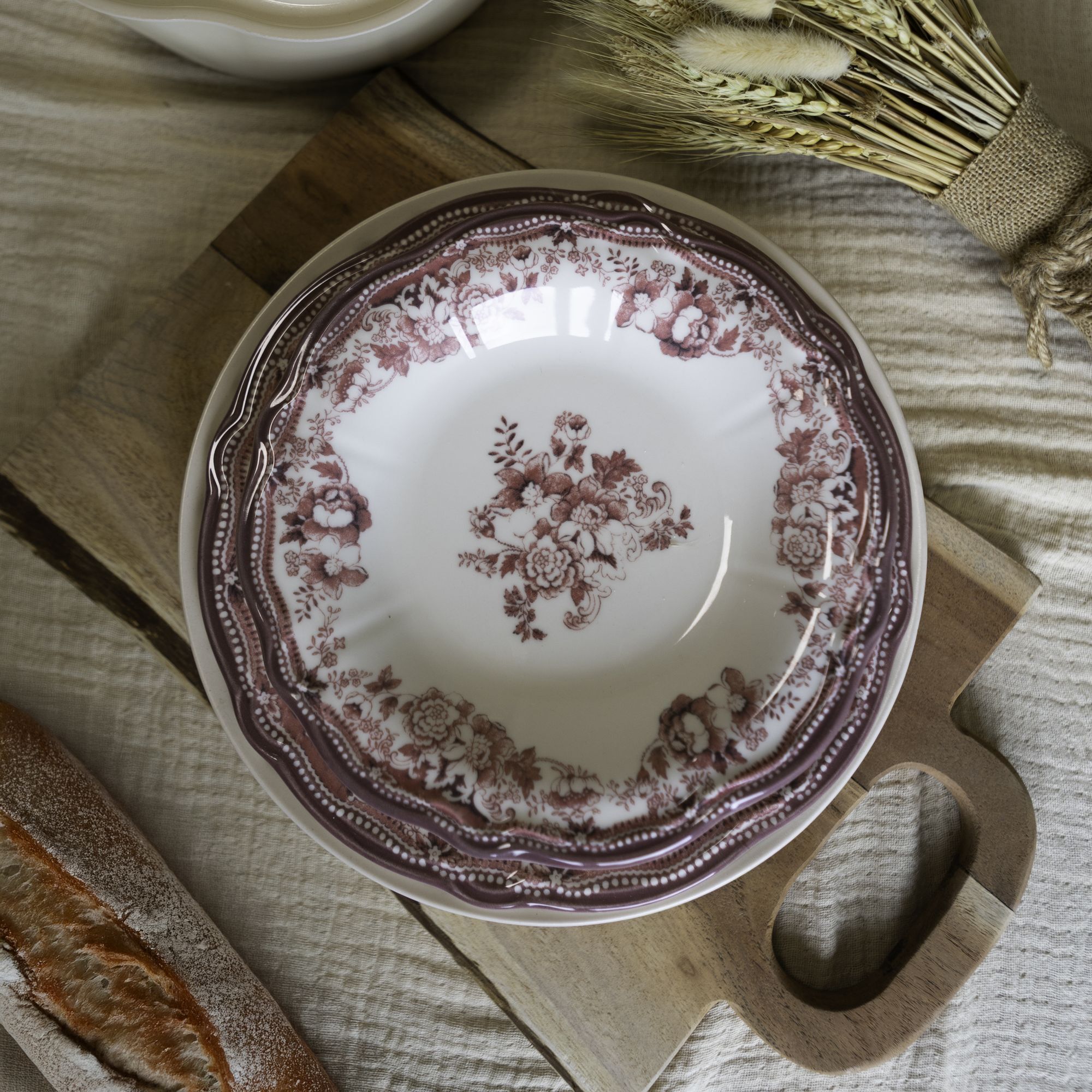Lot de 6 assiettes creuses fleuries en grès rose 22cm FAUSTINE