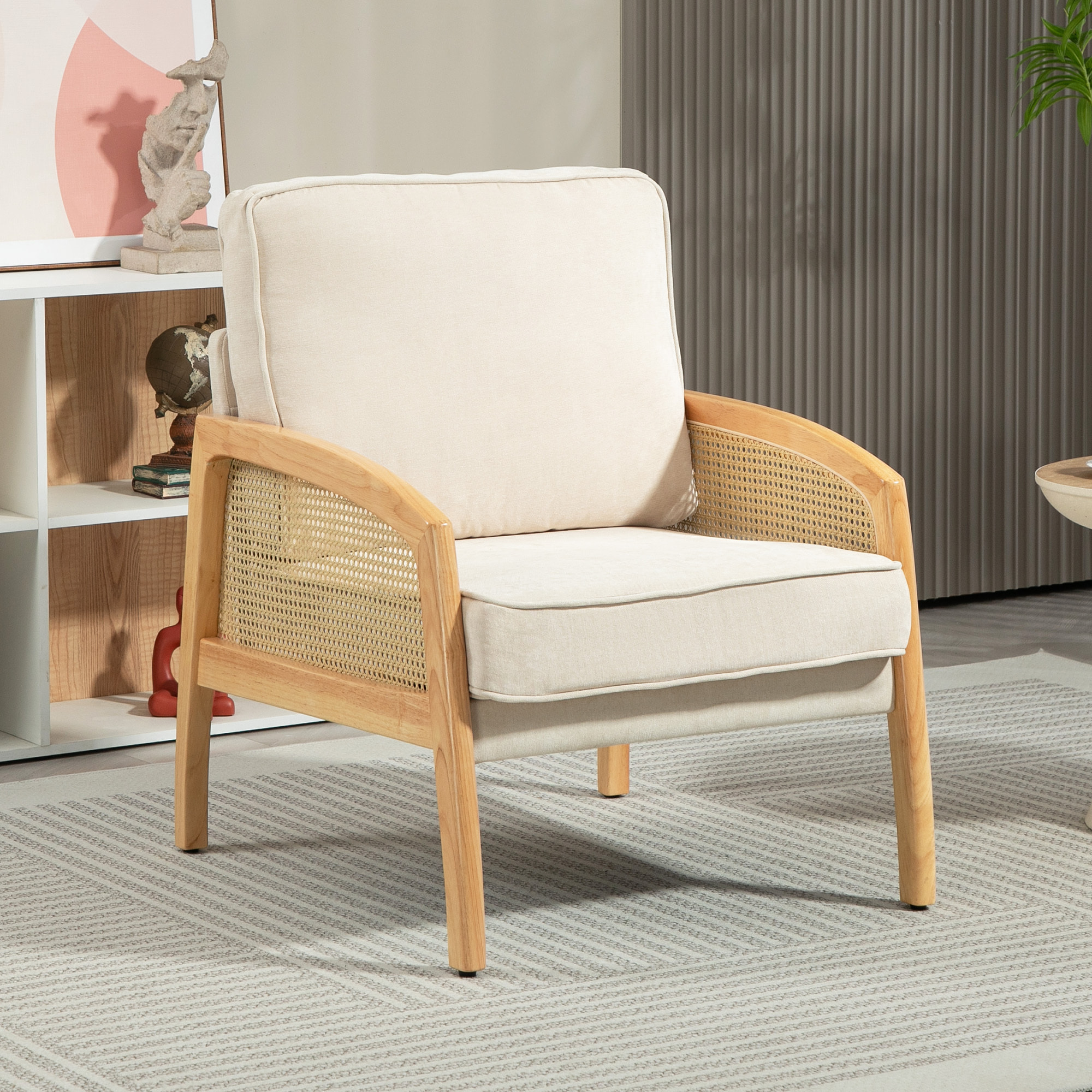 Sillón de Salón Moderno Butaca para Dormitorio con Reposabrazos de Ratán Cojín Extraíble y Patas de Madera Sofá Individual Carga 120 kg para Oficina Sala de Estar Beige