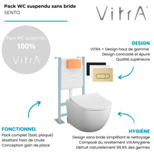 Pack WC suspendu VITRA Sento blanc mat + bâti autoportant V-Fix Core + Plaque Round or brossé