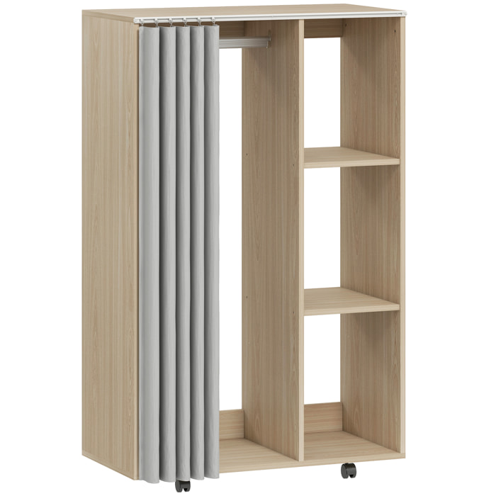Armoire penderie sur roulettes - tringle, étagère, penderie, 3 compartiments - effet bois naturel rideau gris
