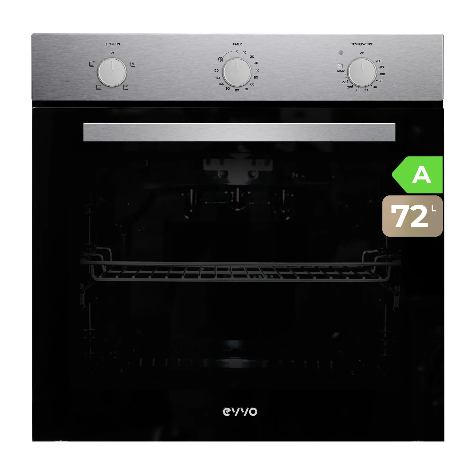 EVVO Horno integrable H10, 72L, clase A, 4 programas, grill, temporizador, mando selector, puerta triple cristal, inox.