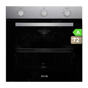 EVVO Horno integrable H10, 72L, clase A, 4 programas, grill, temporizador, mando selector, puerta triple cristal, inox.