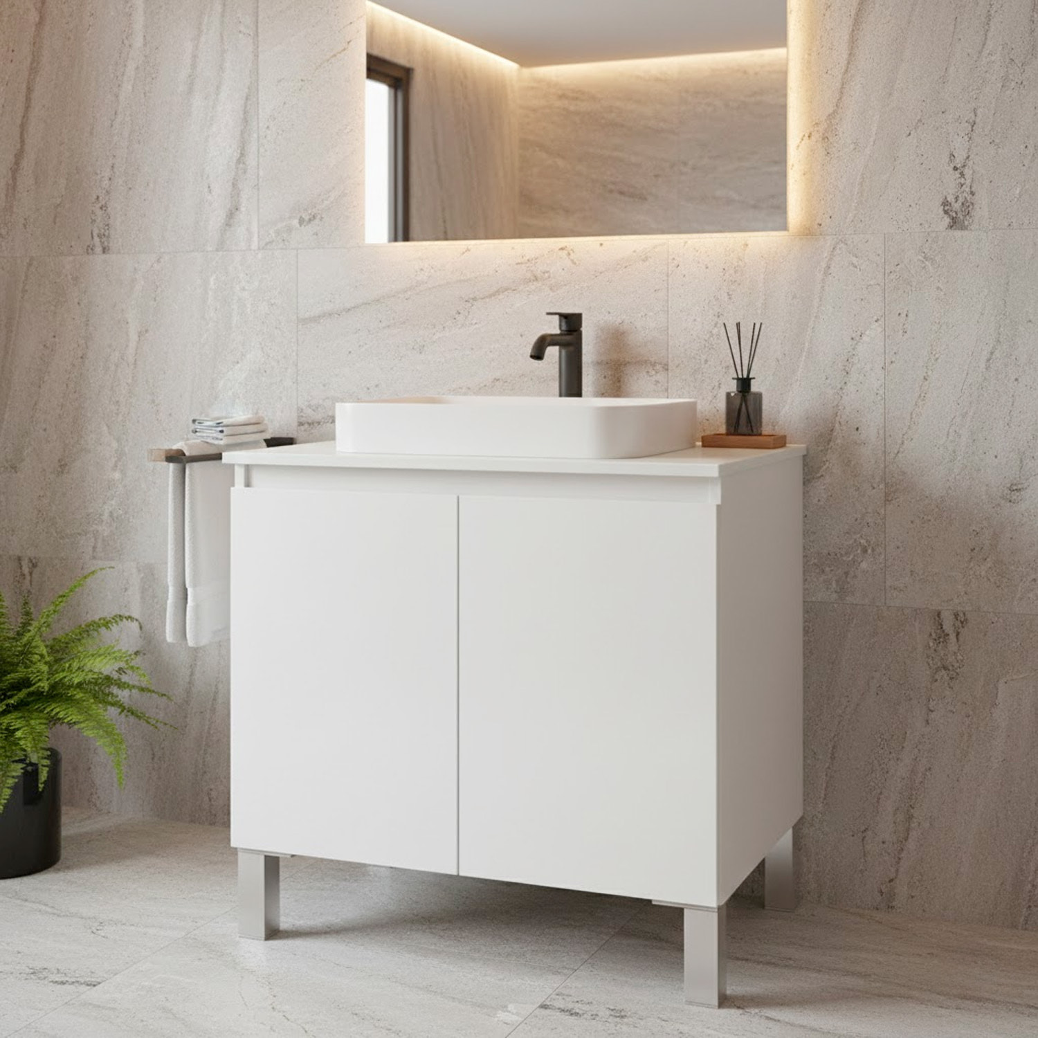 Mobile Bagno Sotto Al Lavabo Da Appoggio Con 2 Ante E Mensola Interna Salvaspazio Moderno Per lavabi Con Colonna  60 x 40 x 63.5 Cm Bianco Lucido