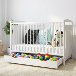 Lit Bébé Évolutif Margot 60x120 cm en Bois, Blanc, Avec Tiroir intégré, Sommier Réglable 3 Hauteurs, Barreaux Amovibles