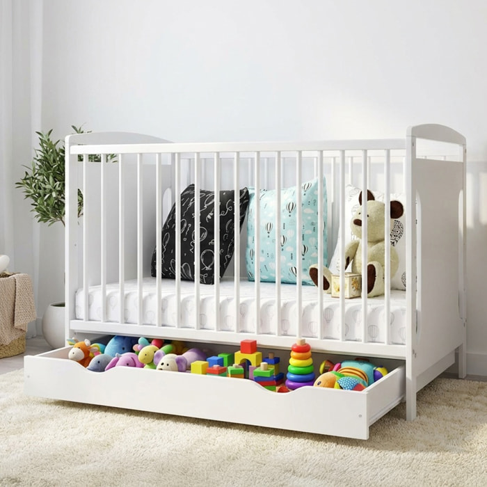 Lit Bébé Évolutif Margot 60x120 cm en Bois, Blanc, Avec Tiroir intégré, Sommier Réglable 3 Hauteurs, Barreaux Amovibles