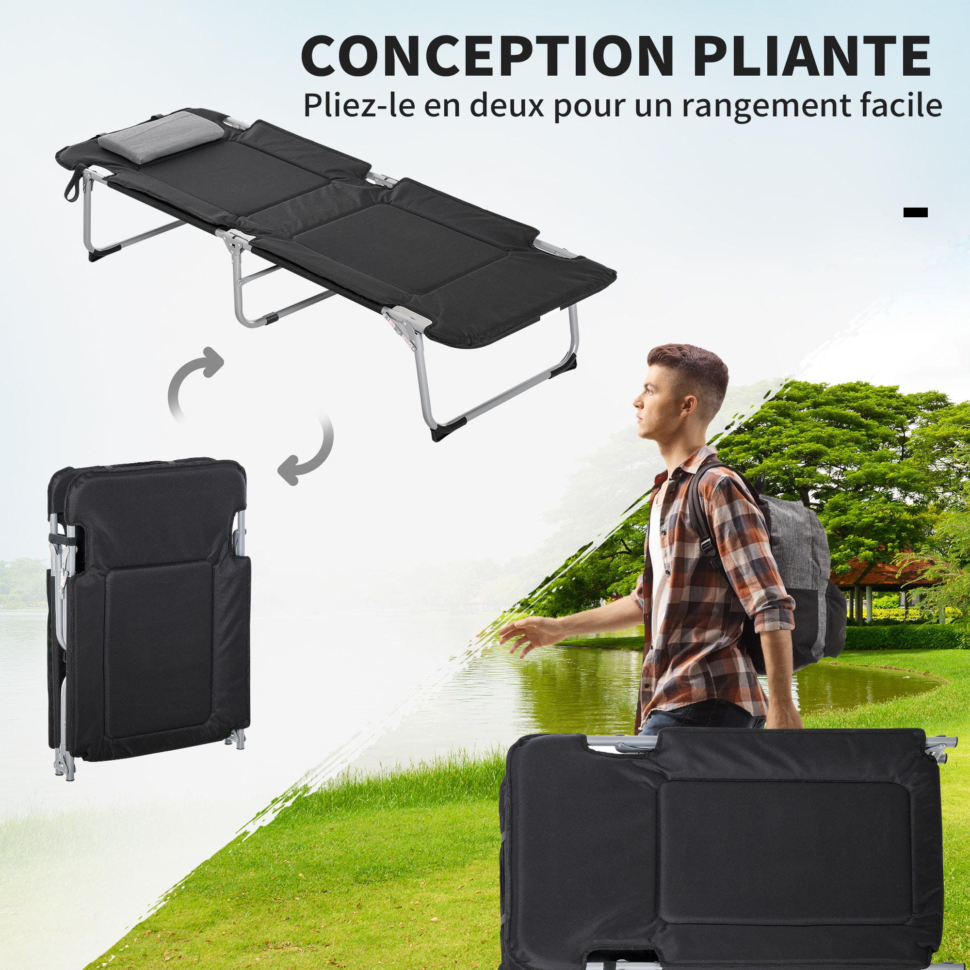 Lit de camp pliable avec matelas grand confort - oreiller amovible, antidérapant - métal polyester noir