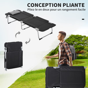 Lit de camp pliable avec matelas grand confort - oreiller amovible, antidérapant - métal polyester noir