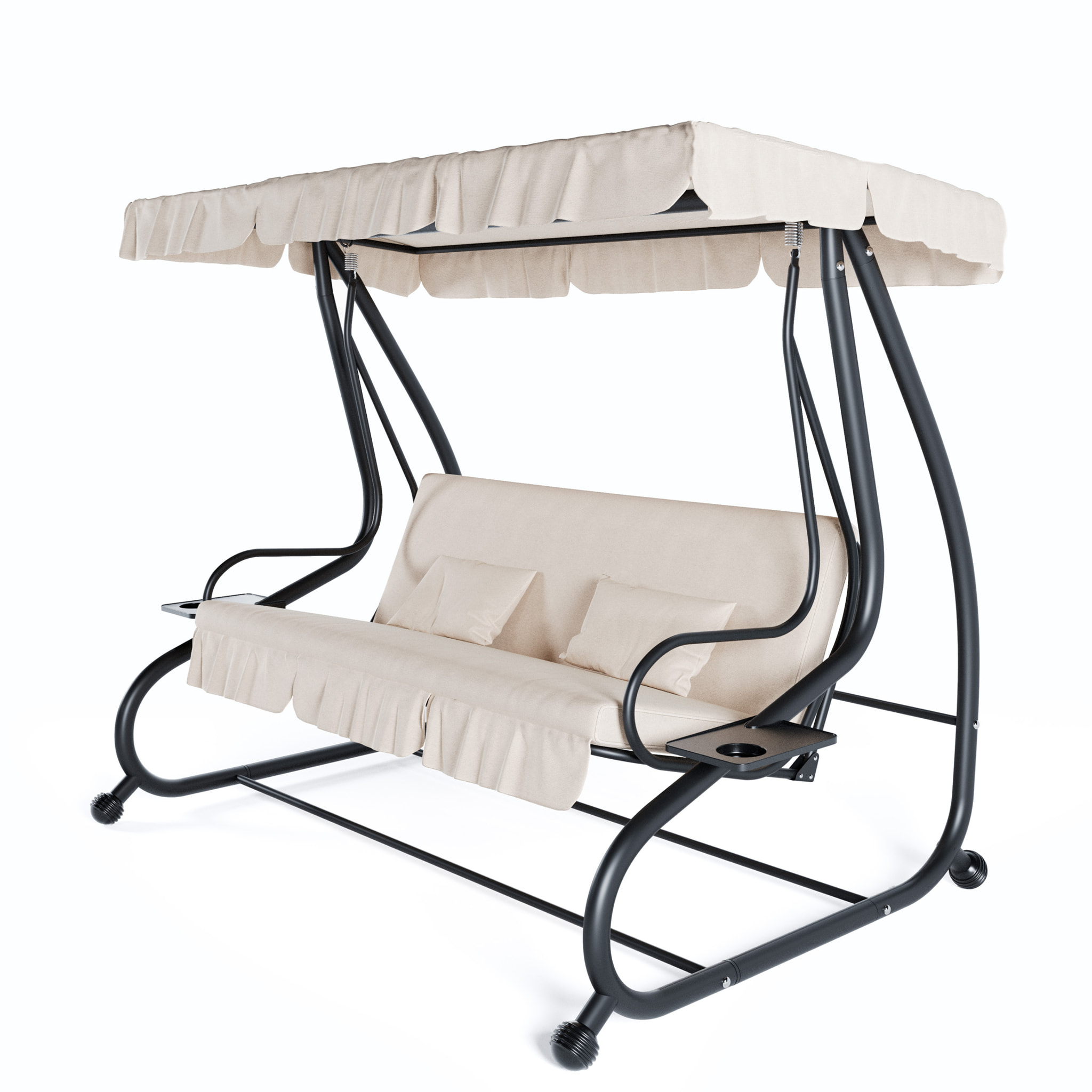Dondolo 3 Posti Reclinabile Tettuccio Parasole Regolabile Cuscini Imbottiti Diventa Letto Struttura Robusta In Acciaio 200 x 120 x 160 cm Beige
