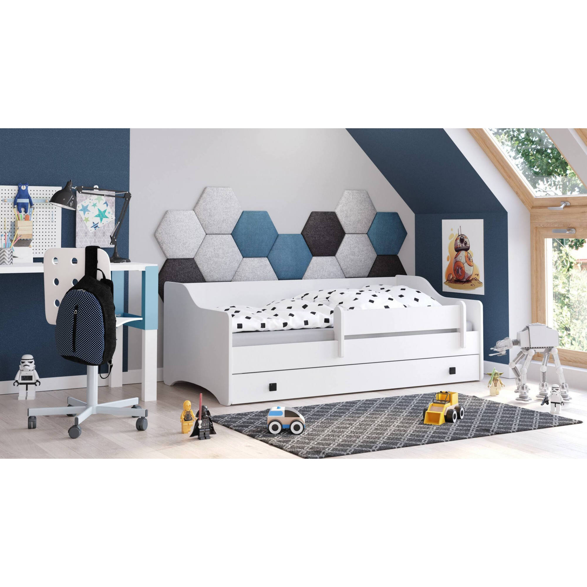 Letto singolo per bambini, Lettino con cassettone e protezione anticaduta per cameretta, cm 164x85h60, colore Bianco e Nero