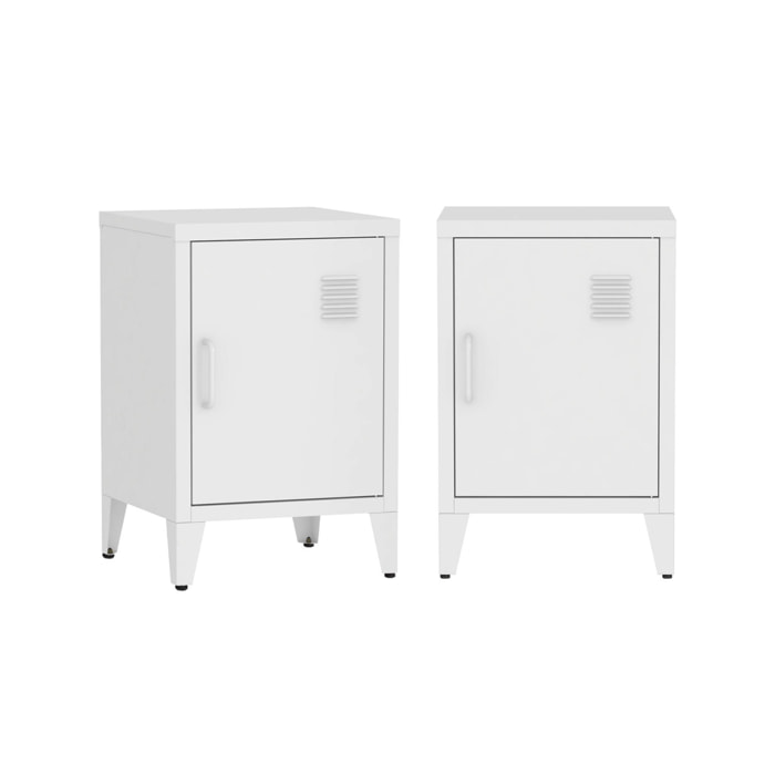 Lot de 2 tables de chevet en acier 1 porte. Blanc. casier. L 38 x P 38 x H 55.7 cm