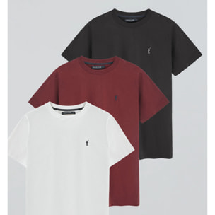 Pack uomo con tre magliette in bianco, granata e nero a girocollo e ricamo Rigby Go