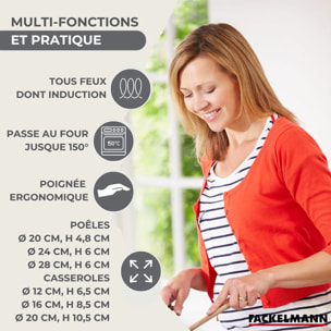 Lot de 3 poêles 20/24/28 cm en inox et 3 casseroles 12/16/20 cm Fackelmann Geneva avec 5 ustensiles