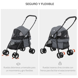 Cochecito para Mascotas Plegable Carrito para Perros y Gatos con Ventanas de Malla Cojín Lavable Correas de Seguridad Cubierta de Tela Oxford y Marco de Acero 82x47x97 cm Gris