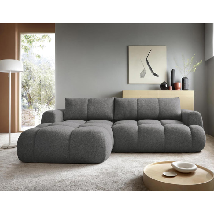 Yulin - Canapé d'angle gauche 4 places convertible avec coffre en tissu bouclette - Gris foncé