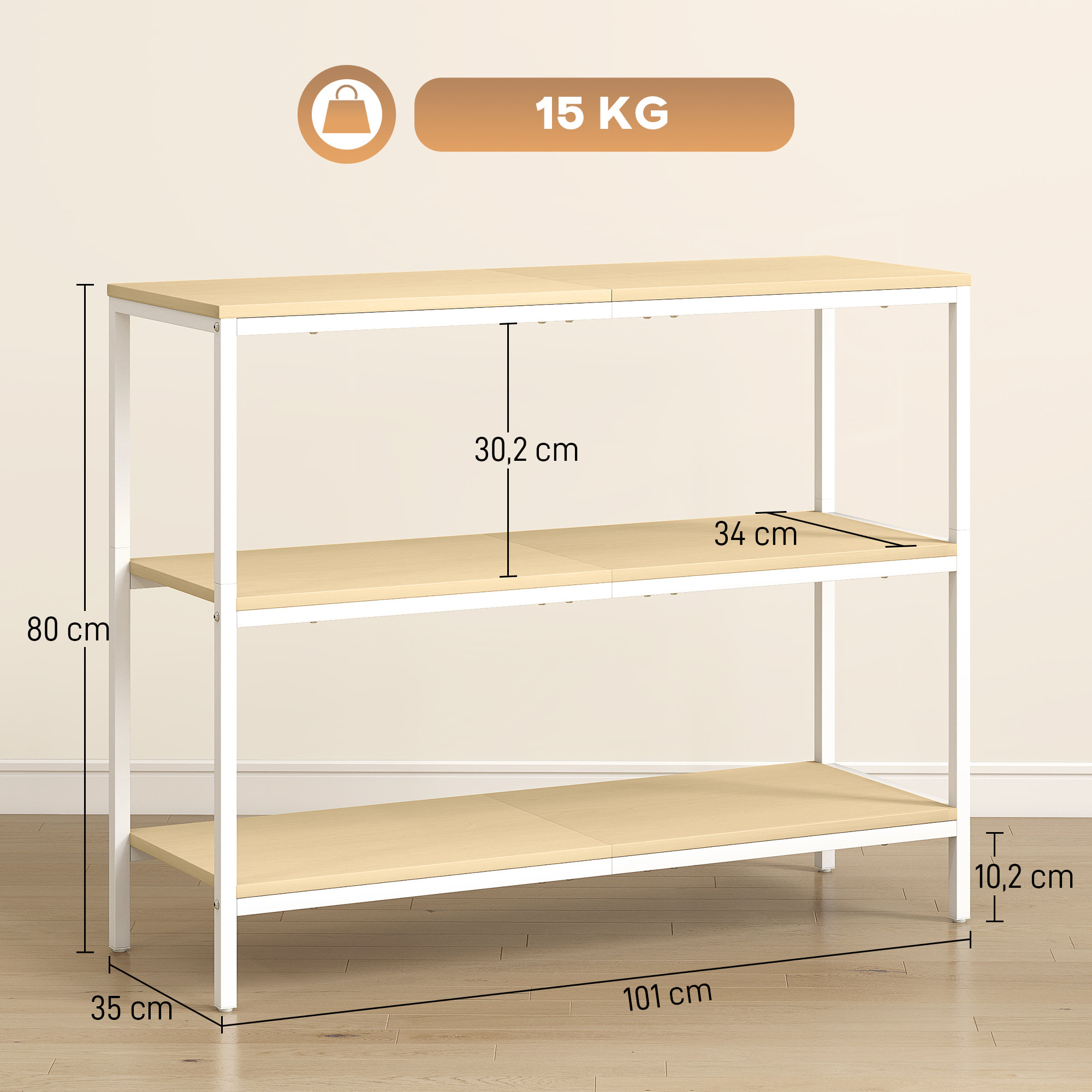 Mesa de Consola Estrecha Consola de Recibidor Mesa de Recibidor Moderna con 3 Estantes Abiertos y Patas de Metal para Pasillo Entrada Salón Dormitorio Natural y Blanco