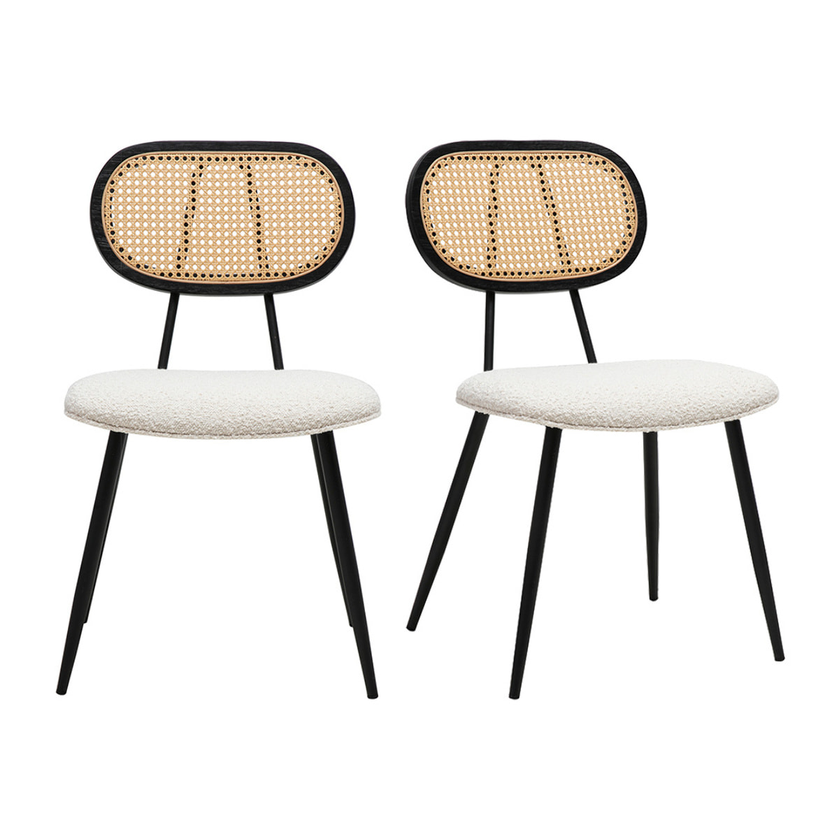 Chaises design en tissu effet laine bouclée blanc, métal noir et cannage rotin (lot de 2) SWANN