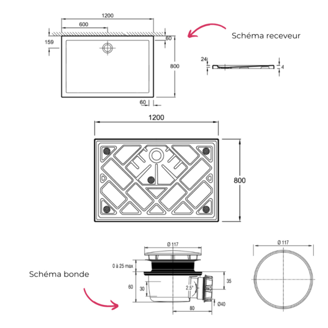 Receveur de douche 120 x 80 Gaspard extra-plat céramique + Bonde