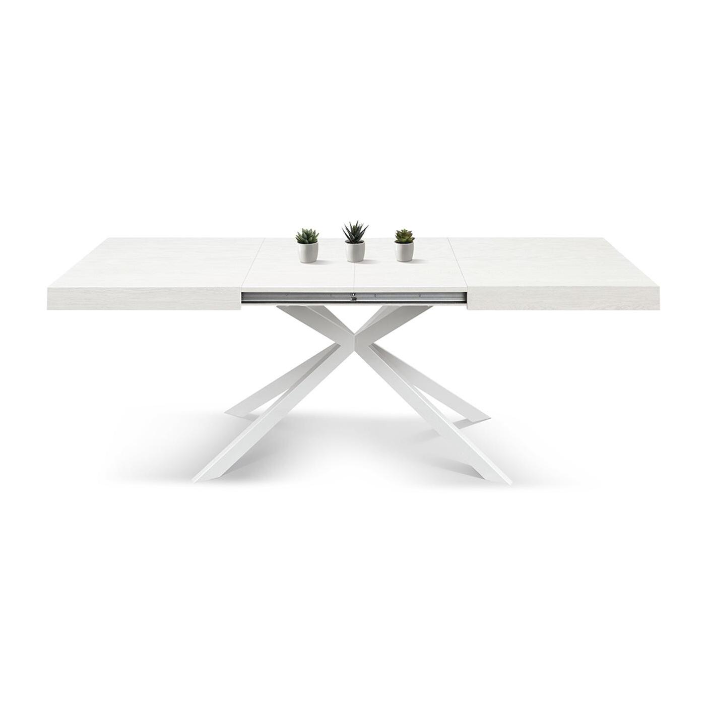 Tavolo CAMAIORE in legno, finitura bianco frassinato e base a X in metallo bianco, allungabile 180×90 cm – 260×90 cm