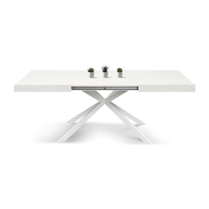 Tavolo CAMAIORE in legno, finitura bianco frassinato e base a X in metallo bianco, allungabile 180×90 cm – 260×90 cm