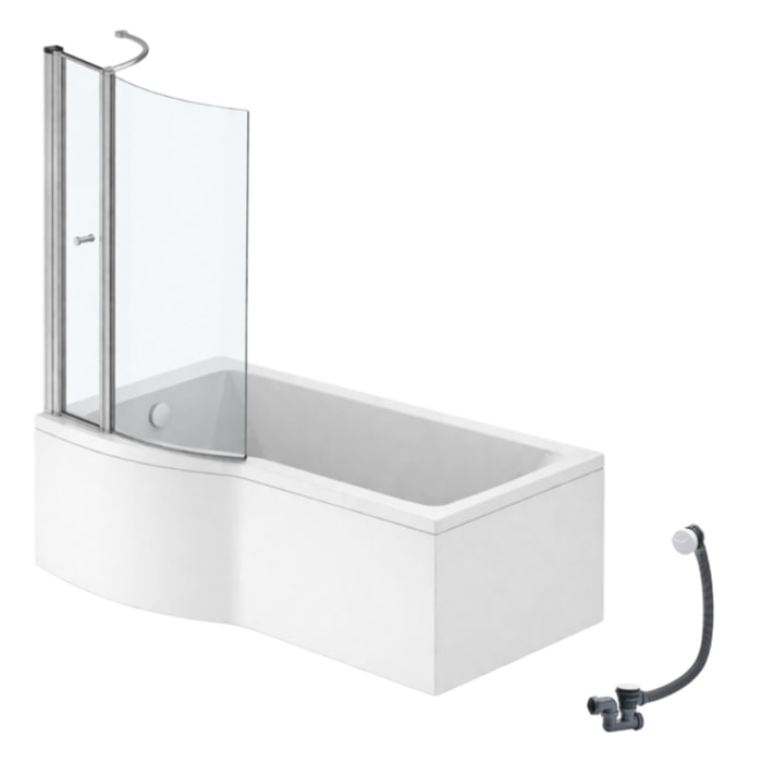 Pack baignoire bain douche 150 x 80 cm gauche Connect Air + tablier + pare bain avec volet + vidage Blanc
