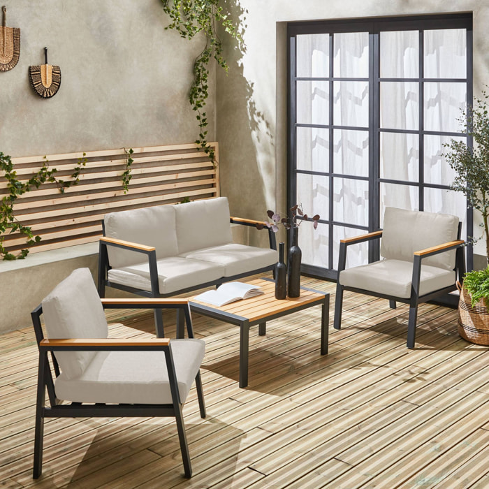 Salon de jardin Casoria. beige. aluminium et polywood 4 places. 1 canapé. 2 fauteuils. 1 table basse