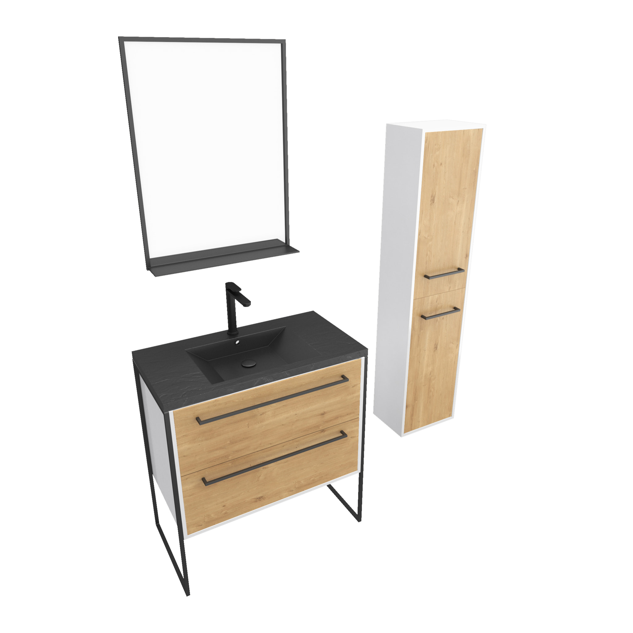 Ensemble de salle de bain 80 cm chêne naturel + vasque noir + miroir LED + colonne de rangement