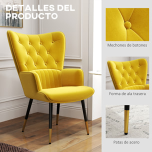 Sillón Individual Butaca de Dormitorio Butaca de Salón Tapizado en Terciopelo con Respaldo Alto Reposabrazos y Patas de Acero Estilo Moderno 68x72x103 cm Amarillo