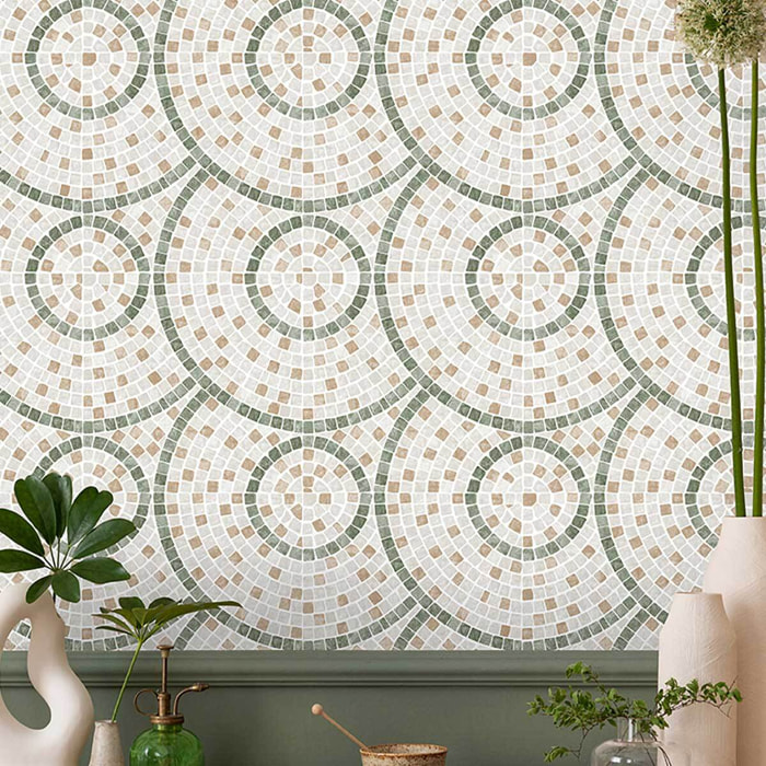 Papier peint mosaïque vert et beige