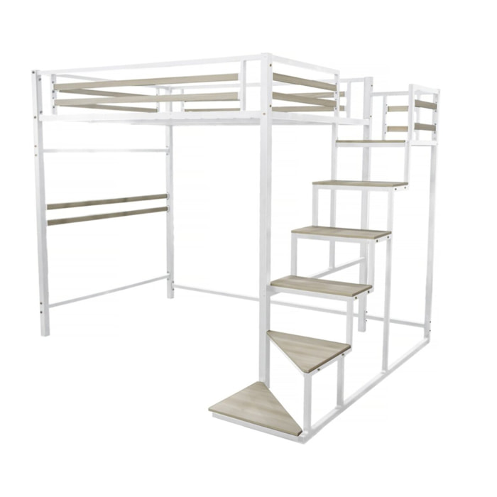 Lit mezzanine en métal avec escalier "LENA" - 140 x 200 cm - Blanc