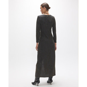 Abito lungo con scollo a V e nodo, maniche lunghe, in un elegante tessuto natalizio.