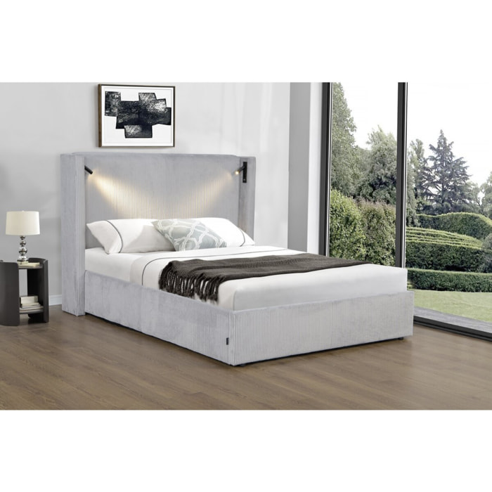 Lit double en velours côtelé avec coffre et lampe intégré "Cortina" - 160 x 200 cm - Gris