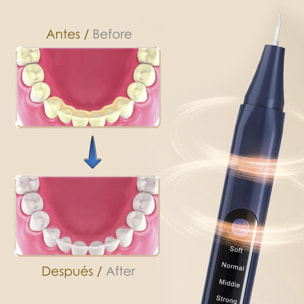 Ablatore dentale ad ultrasuoni. Base di ricarica, 2 testine incluse. 5 intensità.