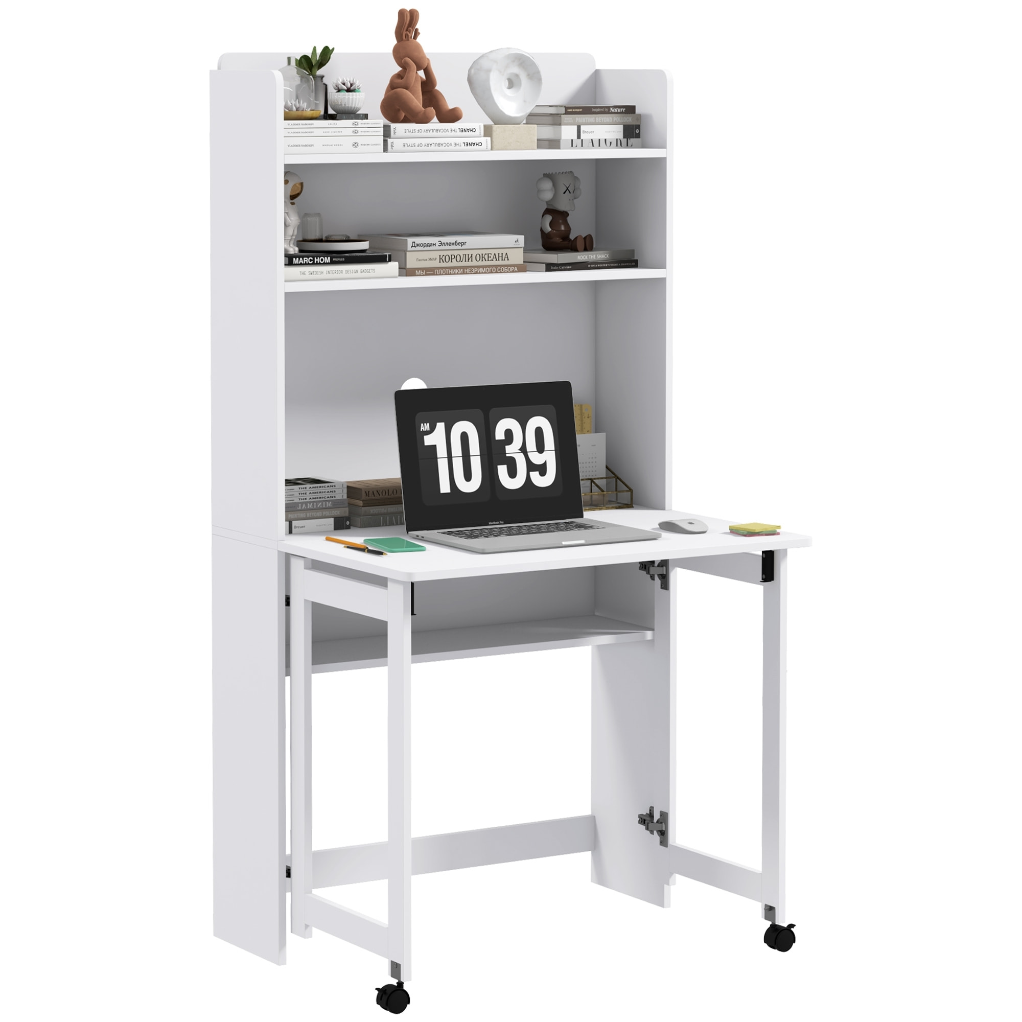 Bureau mural pliable table murale rabattable suspendue sur pied avec bibliothèque 3 étagères MDF blanc