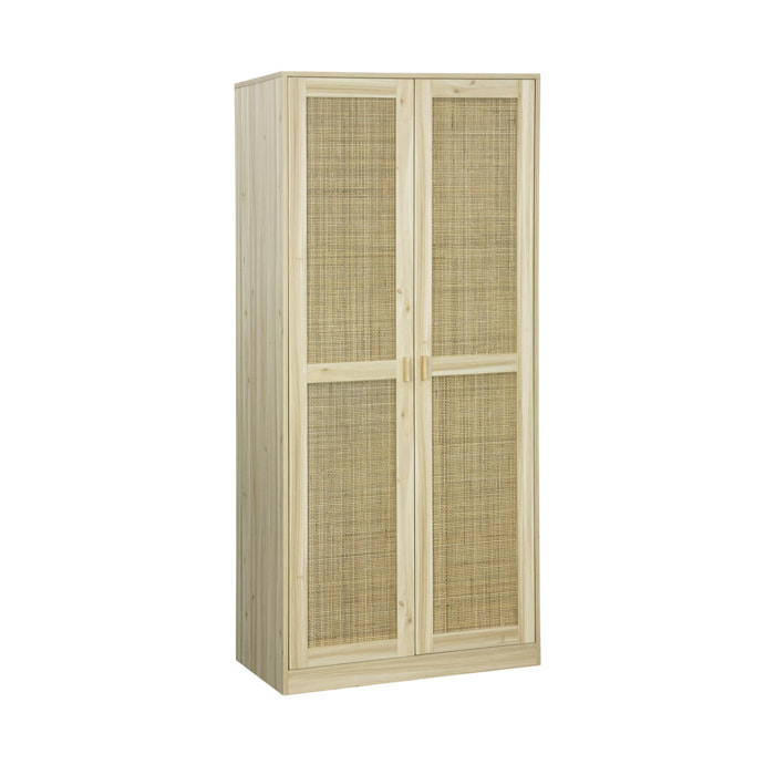 Armoire dressing cannage et effet bois. 2 portes avec penderie et rangements