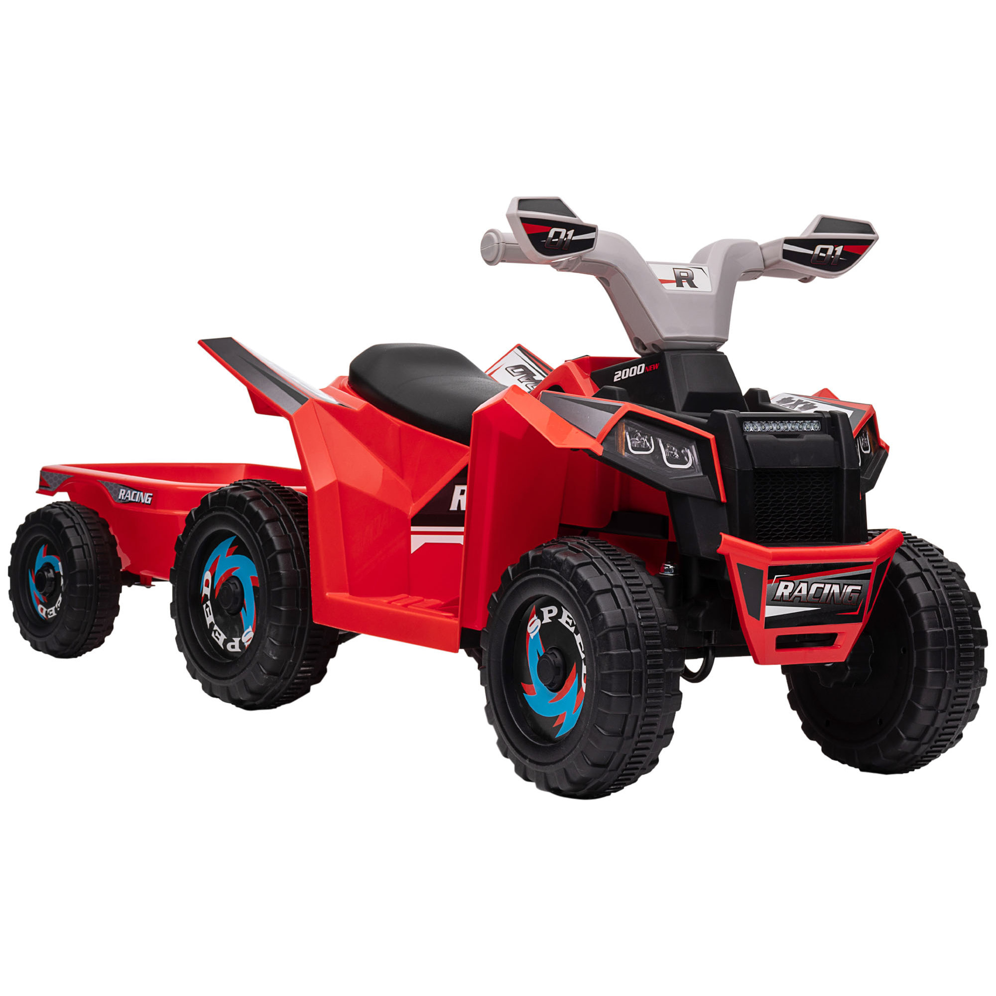 Quad Eléctrico para Niños con Remolque a Batería 6V Coche Eléctrico Cuatrimoto para Niños de 18-36 Meses con Velocidad 2,5 km/h Carga 25 kg 106x41,5x48,5 cm Rojo