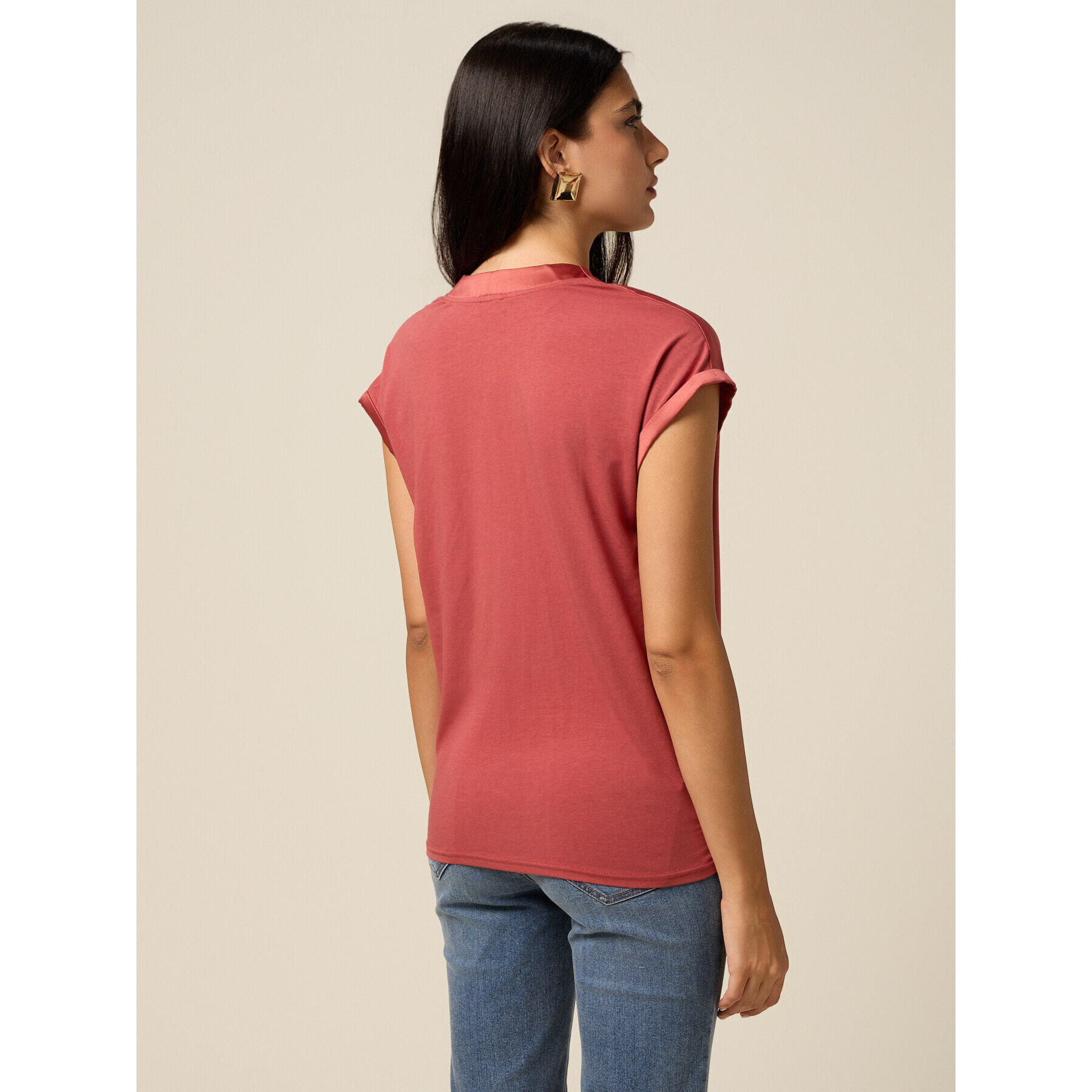 Oltre - Camiseta bimatérica con escote en V - Rosa