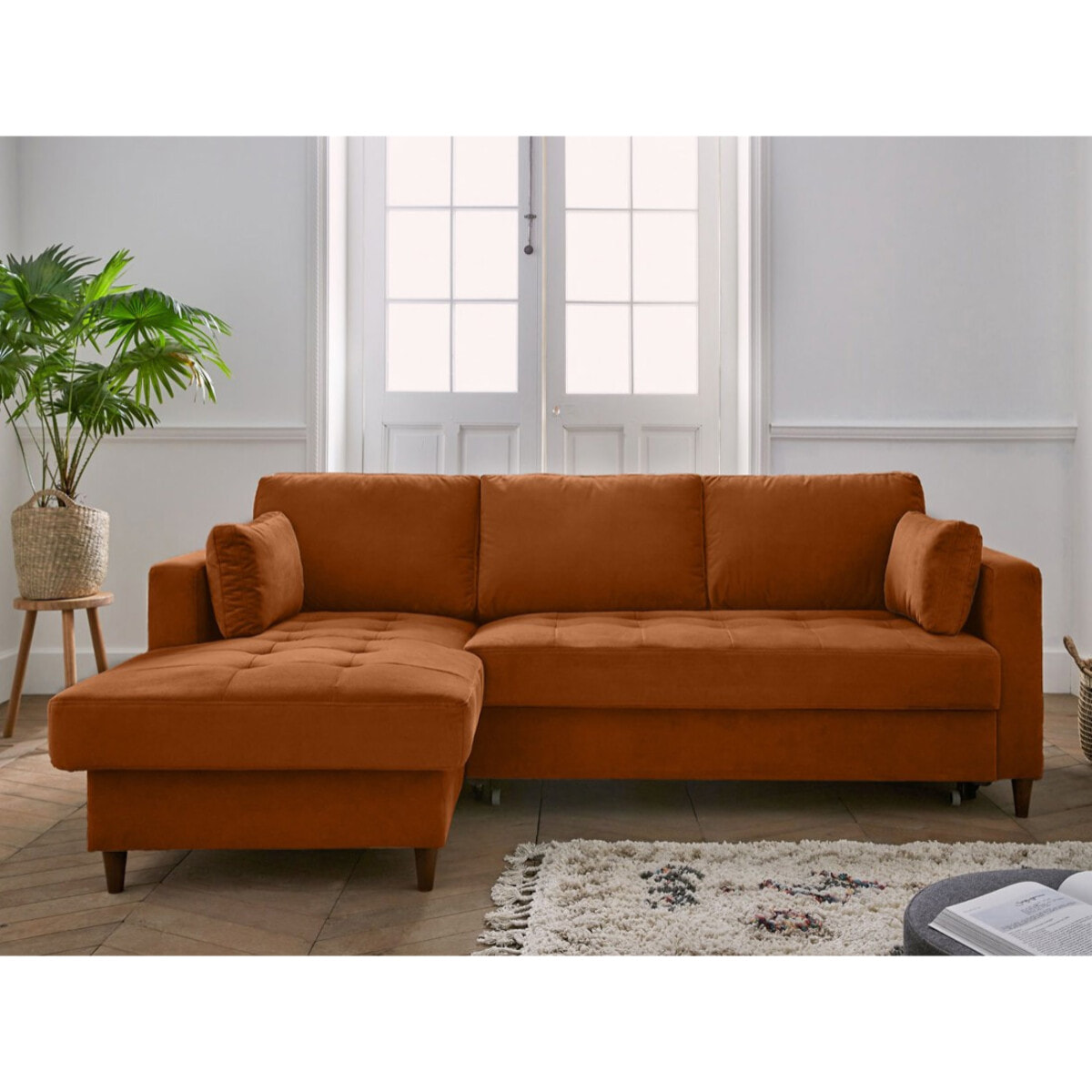 Anna - canapé d'angle gauche - 4 places - convertible avec coffre - en velours - Rouille
