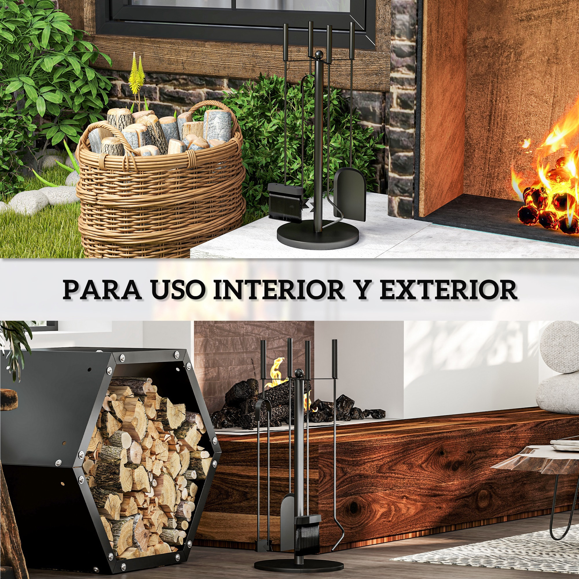 Juego de Herramientas para Chimenea de 5 Piezas Juego de Accesorios para Chimenea de Metal con Escoba Pala Tenazas Atizador y Soporte Ø25x54 cm Negro