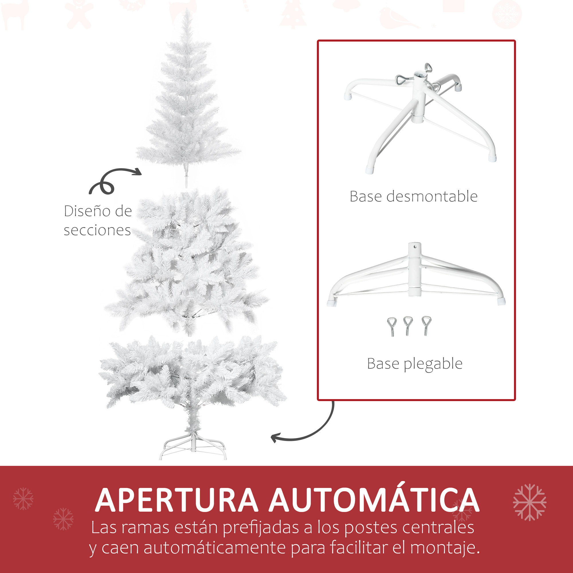 HOMCOM Árbol de Navidad Artificial Plegable 150 cm Ignífugo con 358 Ramas Hojas de PVC Apertura Automática y Soporte Metálico Decoración Navideña para Interiores Blanco