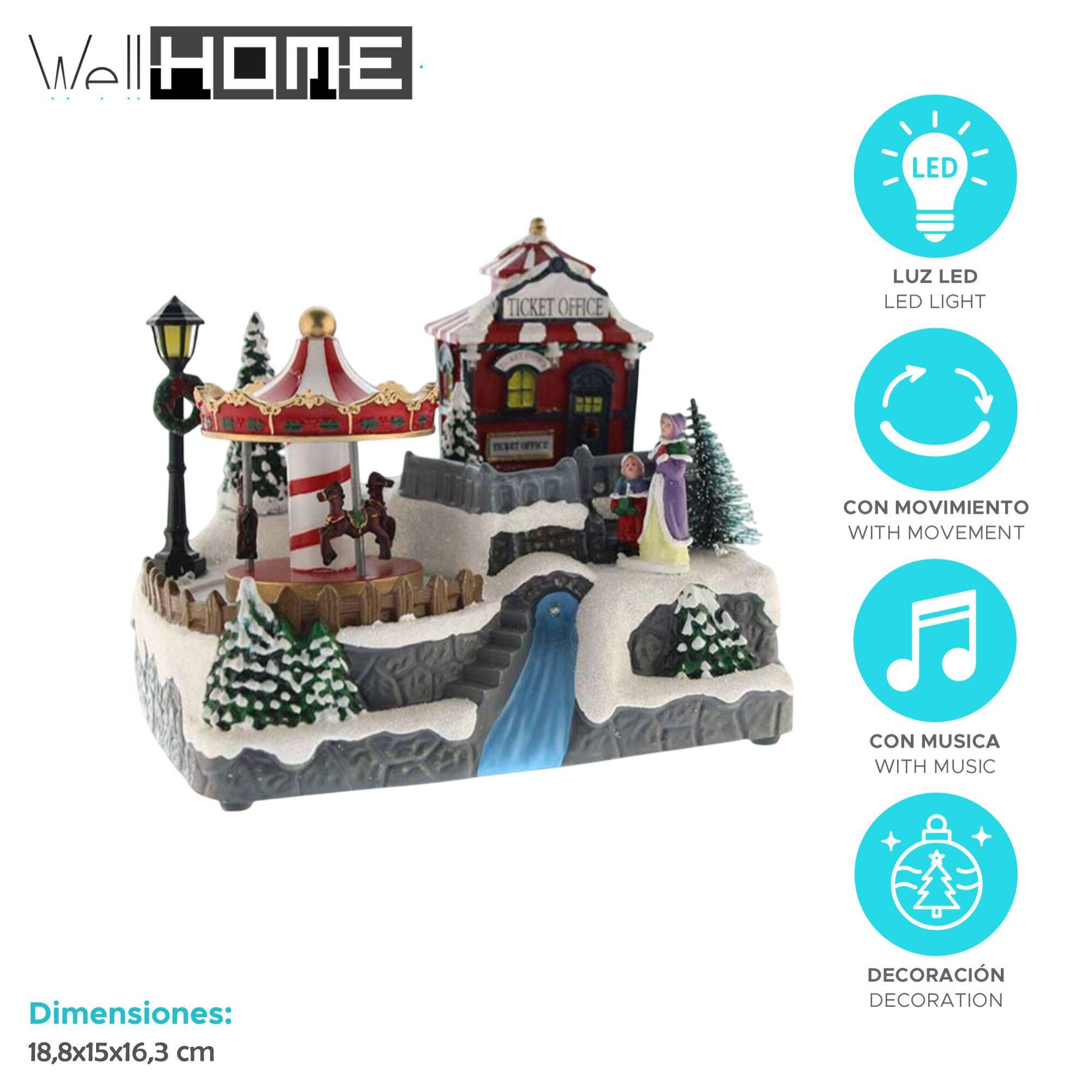 Pueblo navideño decorativo con rio en movimiento, luces led y música