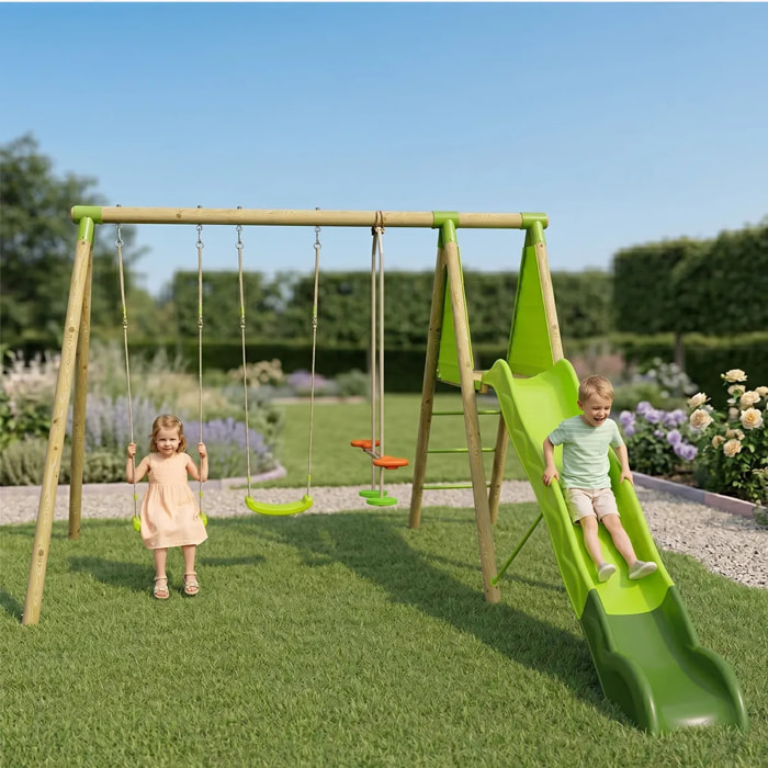 Balançoire en bois 2,30 m Topwood PALMI VERT - 6 enfants